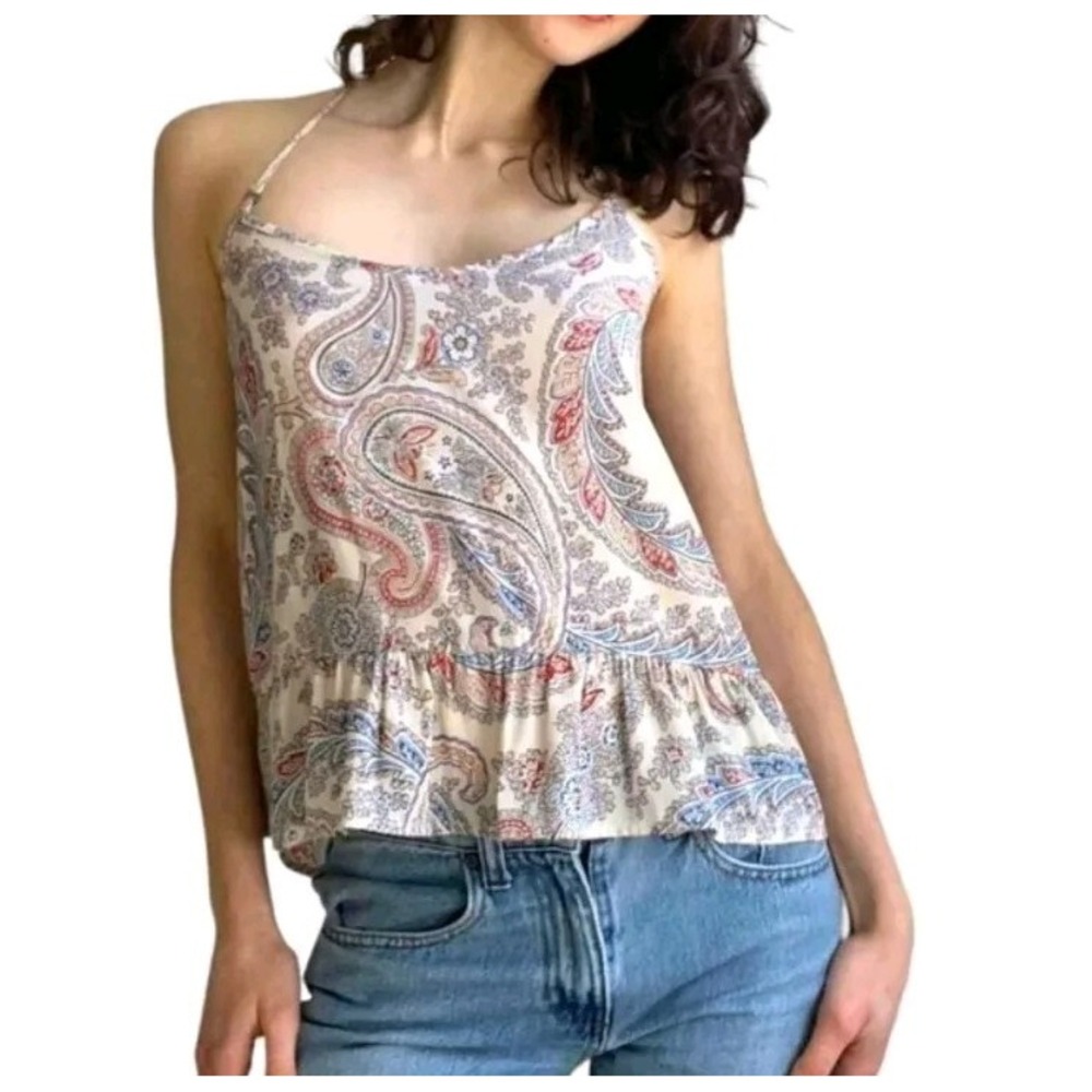 ABERCROMBIE & FITCH Paisley Tank Womens XS‎ Strappy Racerback Cream Ruffle BOHO